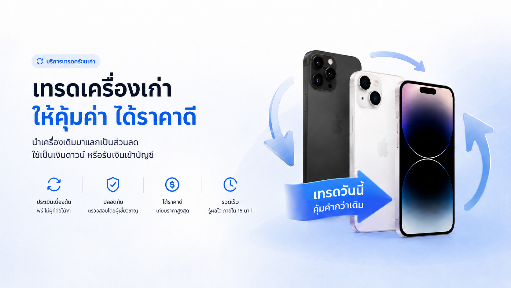 เทรดเครื่องเก่า ให้คุ้มค่า ได้ราคาดี — ประเมินเบื้องต้นฟรี ปลอดภัย ได้ราคาดี รู้ผลไวภายใน 15 นาที